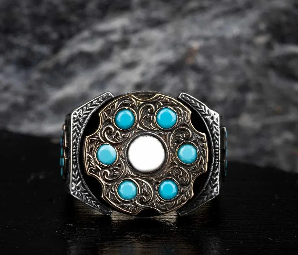 Gental Gems by Karat Kings | Unique Designed Turkish Style Ring with 6 Stone Turquoise Ring |  Sterling Silver Oxidized Ring | Men's Jewelry | With Certificate of Authenticity and  Hallmark