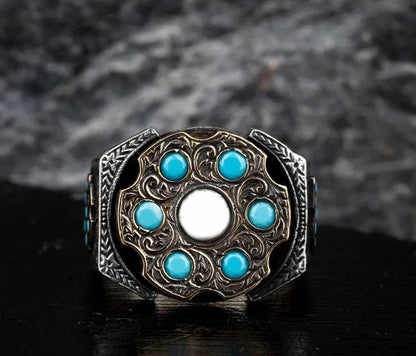 Gental Gems by Karat Kings | Unique Designed Turkish Style Ring with 6 Stone Turquoise Ring |  Sterling Silver Oxidized Ring | Men's Jewelry | With Certificate of Authenticity and  Hallmark