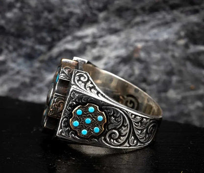 Gental Gems by Karat Kings | Unique Designed Turkish Style Ring with 6 Stone Turquoise Ring |  Sterling Silver Oxidized Ring | Men's Jewelry | With Certificate of Authenticity and  Hallmark