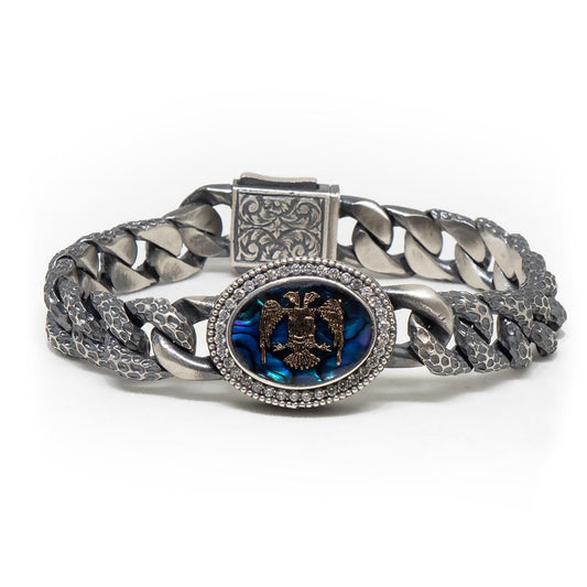 Gental Gems by Karat Kings | Unique Style Double Headed Eagle Bracelet with Blue Enamel for Men | 925 Sterling Silver Oxidized Bracelet | Men's Jewelry | With Certificate of Authenticity and 925 Hallmark