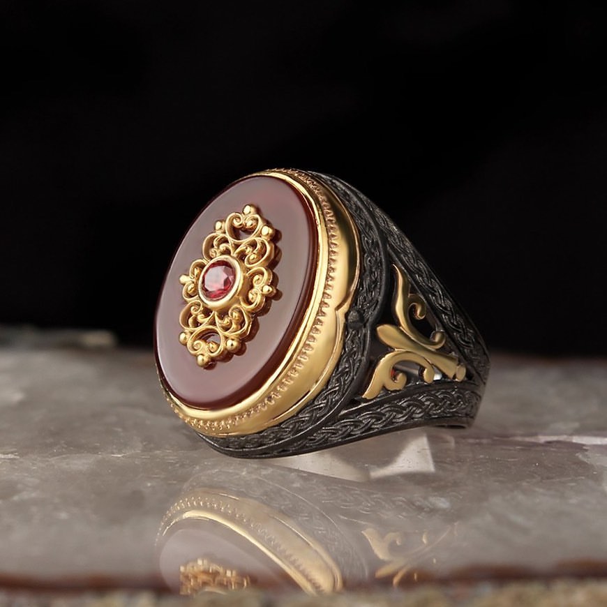 Gental Gems by Karat Kings | Unique Turkish Style Ring with Natural Red Agate | Black Rhodium & Gold Plated  Sterling Silver Ring