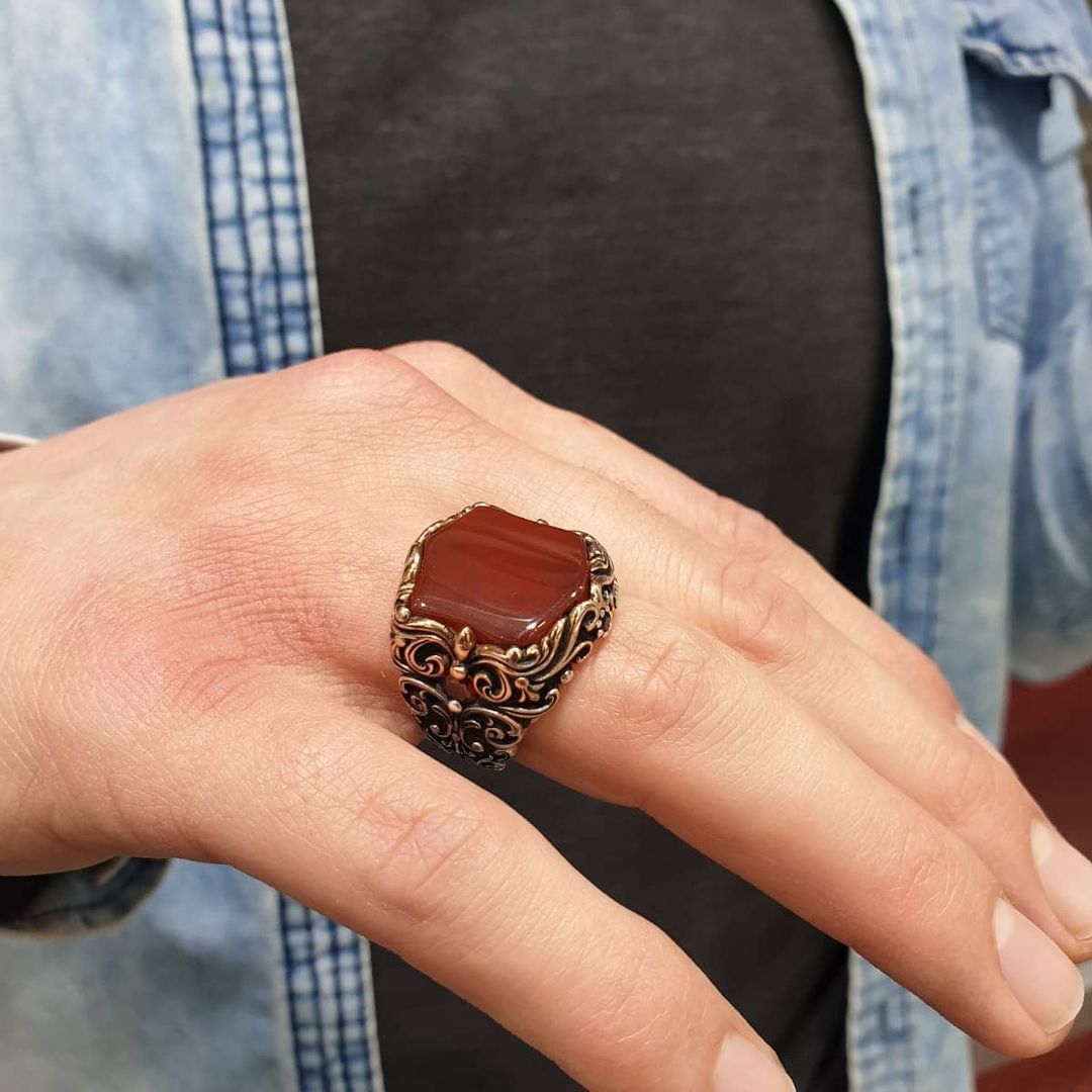 Gental Gems by Karat Kings | Unique Turkish Style Ring with Natural Red Agate |  Sterling Silver Oxidized Ring