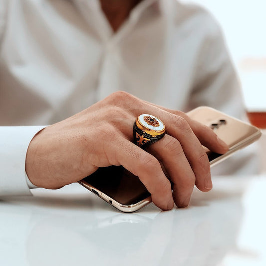 Gental Gems by Karat Kings | Unique Turkish Style Ring with Natural Pearl | Black Rhodium & Gold Plated  Sterling Silver Ring | Men's Jewelry | With Certificate of Authenticity and  Hallmark