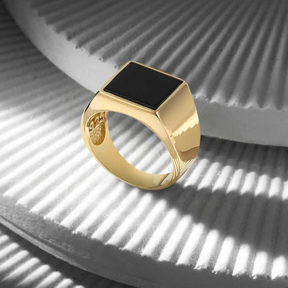 Gental Gems by Karat Kings | Exclusive Classic Gold Signet Statement Ring with Natural Black Onyx/ Red Agate, Sterling Silver  Ring | Jewellery for Men| With Certificate of Authenticity and  Hallmark