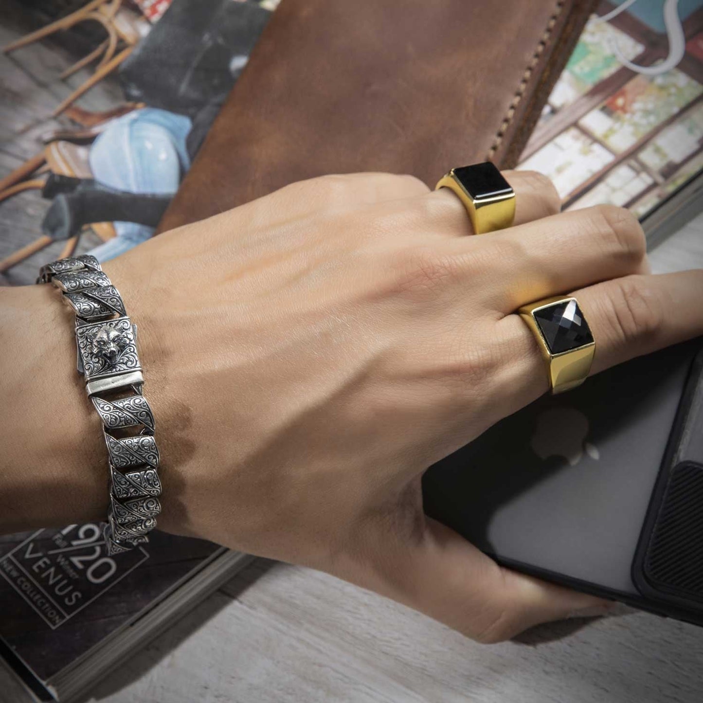 Gental Gems by Karat Kings | Exclusive Classic Gold Signet Statement Ring with Faceted Black Zircon/ Red Zircon, Sterling Silver  Ring | Jewellery for Men