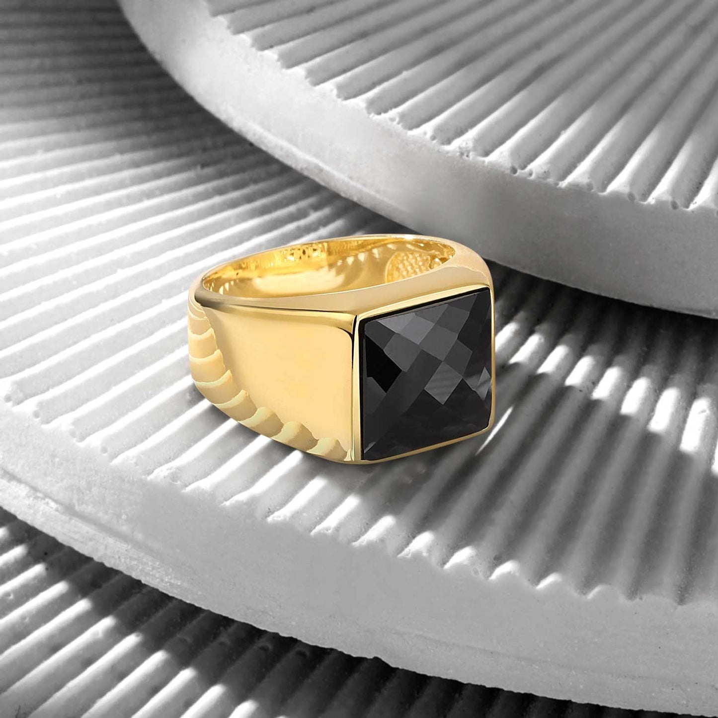 Gental Gems by Karat Kings | Exclusive Classic Gold Signet Statement Ring with Faceted Black Zircon/ Red Zircon, Sterling Silver  Ring | Jewellery for Men