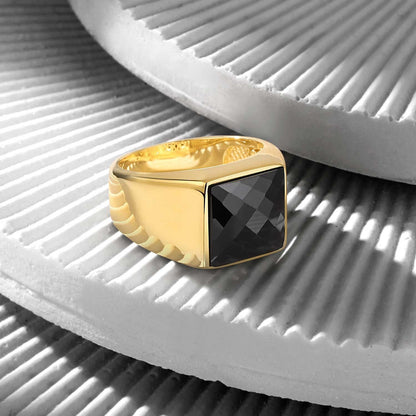 Gental Gems by Karat Kings | Exclusive Classic Gold Signet Statement Ring with Faceted Black Zircon/ Red Zircon, Sterling Silver  Ring | Jewellery for Men