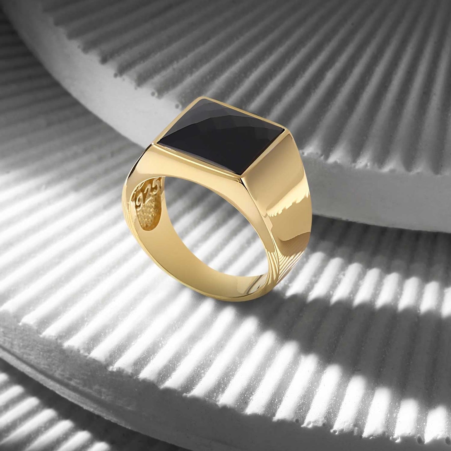 Gental Gems by Karat Kings | Exclusive Classic Gold Signet Statement Ring with Faceted Black Zircon/ Red Zircon, Sterling Silver  Ring | Jewellery for Men