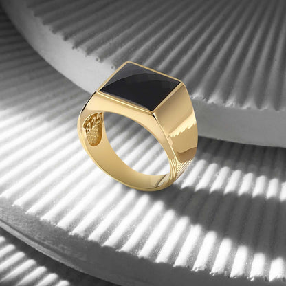Gental Gems by Karat Kings | Exclusive Classic Gold Signet Statement Ring with Faceted Black Zircon/ Red Zircon, Sterling Silver  Ring | Jewellery for Men
