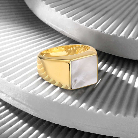 Gental Gems by Karat Kings | Exclusive Classic Gold Signet Statement Ring with Natural Pearl/ Tiger Eye, Sterling Silver  Ring | Jewellery for Men| With Certificate of Authenticity and  Hallmark