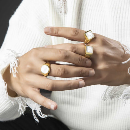 Gental Gems by Karat Kings | Exclusive Classic Gold Signet Statement Ring with Natural Pearl/ Tiger Eye, Sterling Silver  Ring | Jewellery for Men