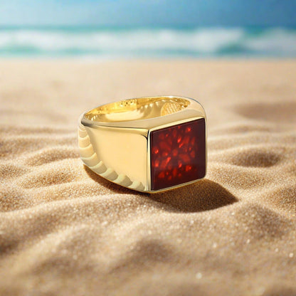 Gental Gems by Karat Kings | Exclusive Classic Gold Signet Statement Ring with Natural Black Onyx/ Red Agate, Sterling Silver  Ring | Jewellery for Men| With Certificate of Authenticity and  Hallmark