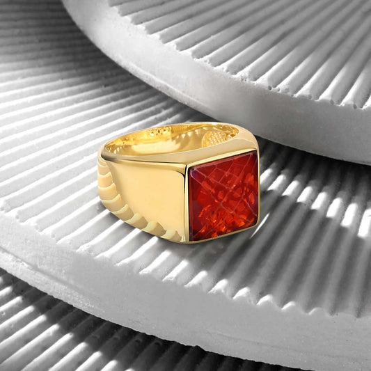 Gental Gems by Karat Kings | Exclusive Classic Gold Signet Statement Ring with Faceted Black Zircon/ Red Zircon, Sterling Silver  Ring | Jewellery for Men| With Certificate of Authenticity and  Hallmark
