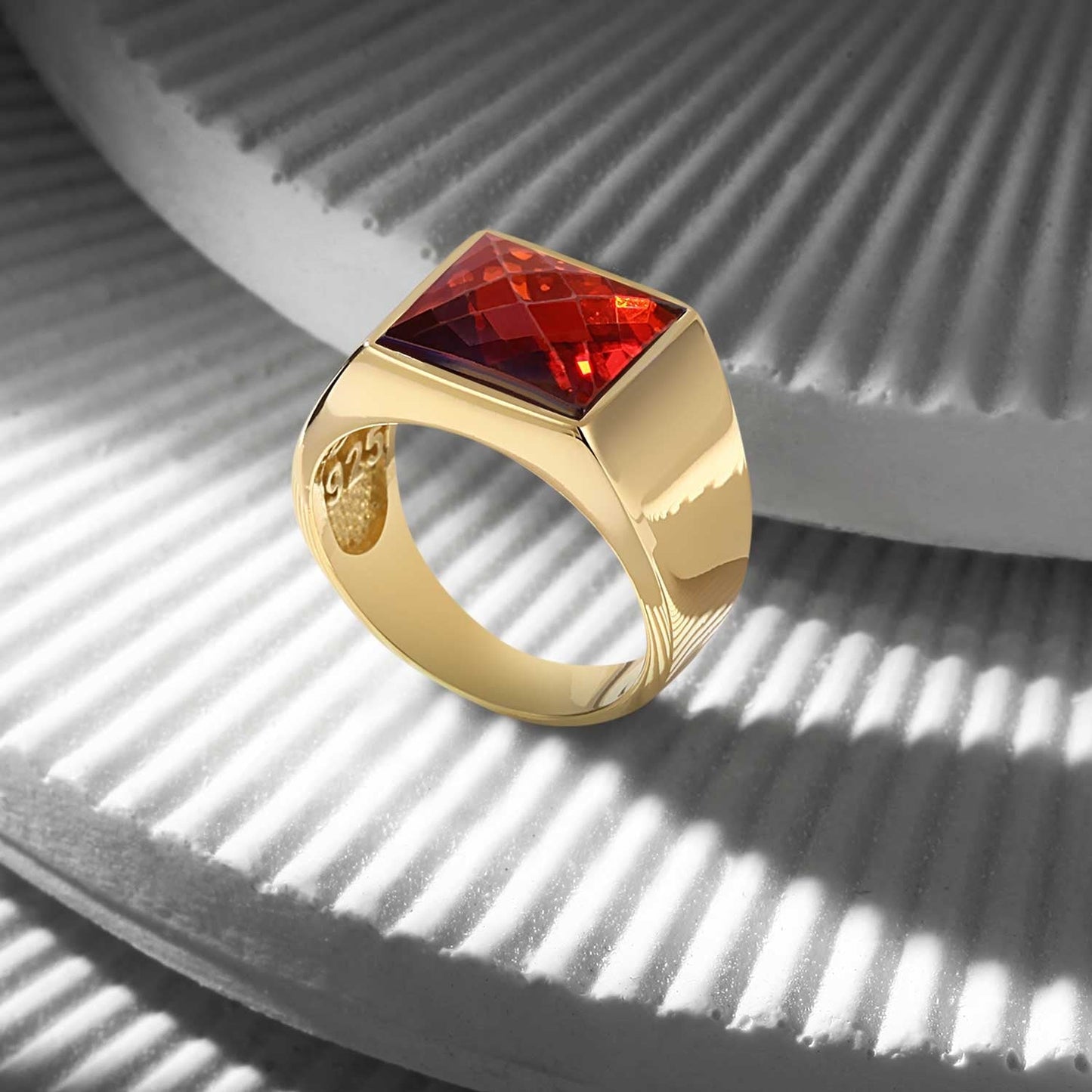 Gental Gems by Karat Kings | Exclusive Classic Gold Signet Statement Ring with Faceted Black Zircon/ Red Zircon, Sterling Silver  Ring | Jewellery for Men