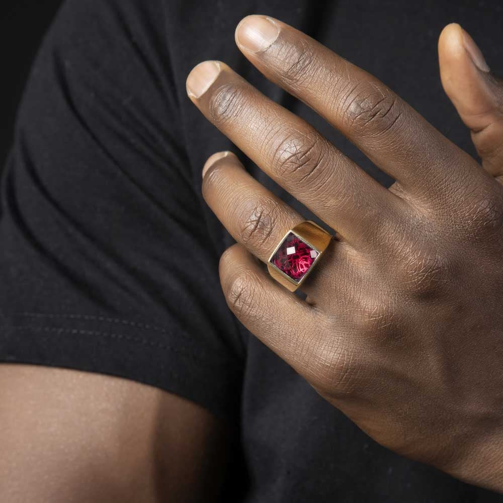 Gental Gems by Karat Kings | Exclusive Classic Gold Signet Statement Ring with Faceted Black Zircon/ Red Zircon, Sterling Silver  Ring | Jewellery for Men