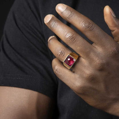 Gental Gems by Karat Kings | Exclusive Classic Gold Signet Statement Ring with Faceted Black Zircon/ Red Zircon, Sterling Silver  Ring | Jewellery for Men