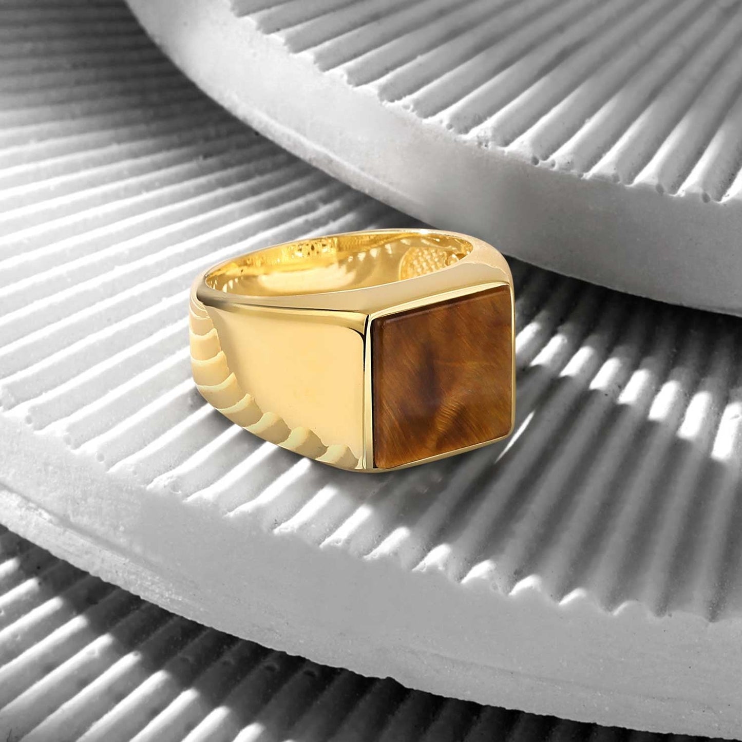 Gental Gems by Karat Kings | Exclusive Classic Gold Signet Statement Ring with Natural Pearl/ Tiger Eye, Sterling Silver  Ring | Jewellery for Men