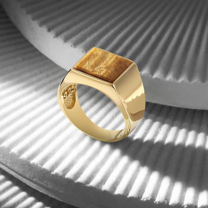 Gental Gems by Karat Kings | Exclusive Classic Gold Signet Statement Ring with Natural Pearl/ Tiger Eye, Sterling Silver  Ring | Jewellery for Men