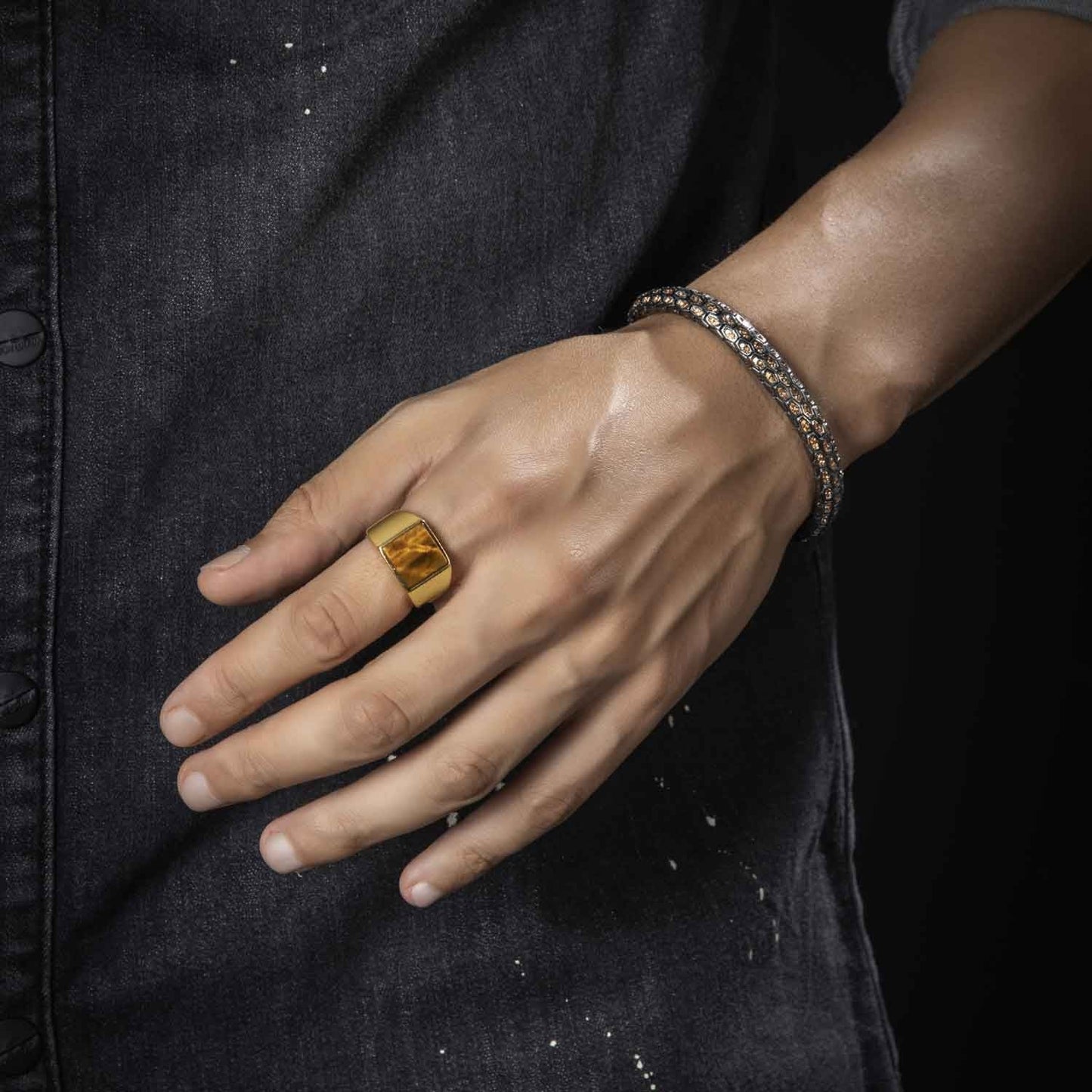 Gental Gems by Karat Kings | Exclusive Classic Gold Signet Statement Ring with Natural Pearl/ Tiger Eye, Sterling Silver  Ring | Jewellery for Men| With Certificate of Authenticity and  Hallmark