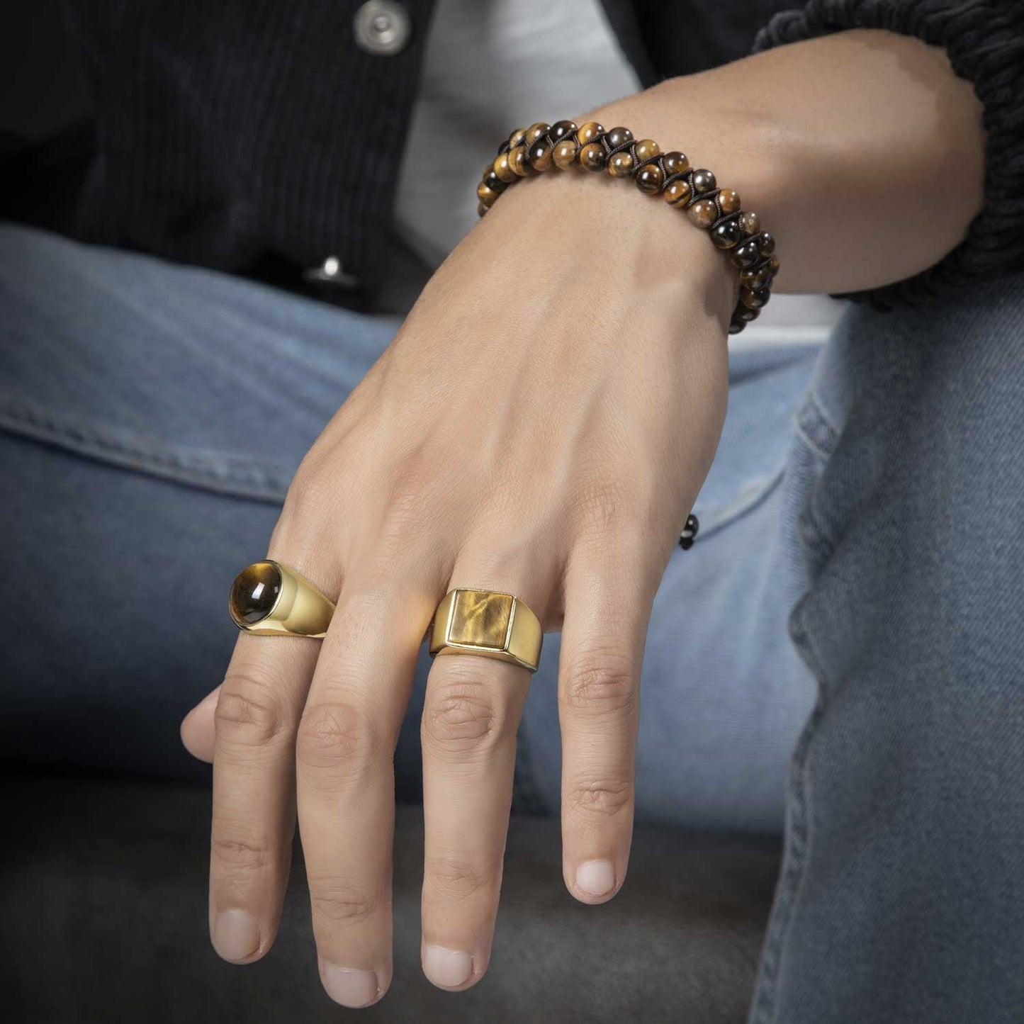 Gental Gems by Karat Kings | Exclusive Classic Gold Signet Statement Ring with Natural Pearl/ Tiger Eye, Sterling Silver  Ring | Jewellery for Men