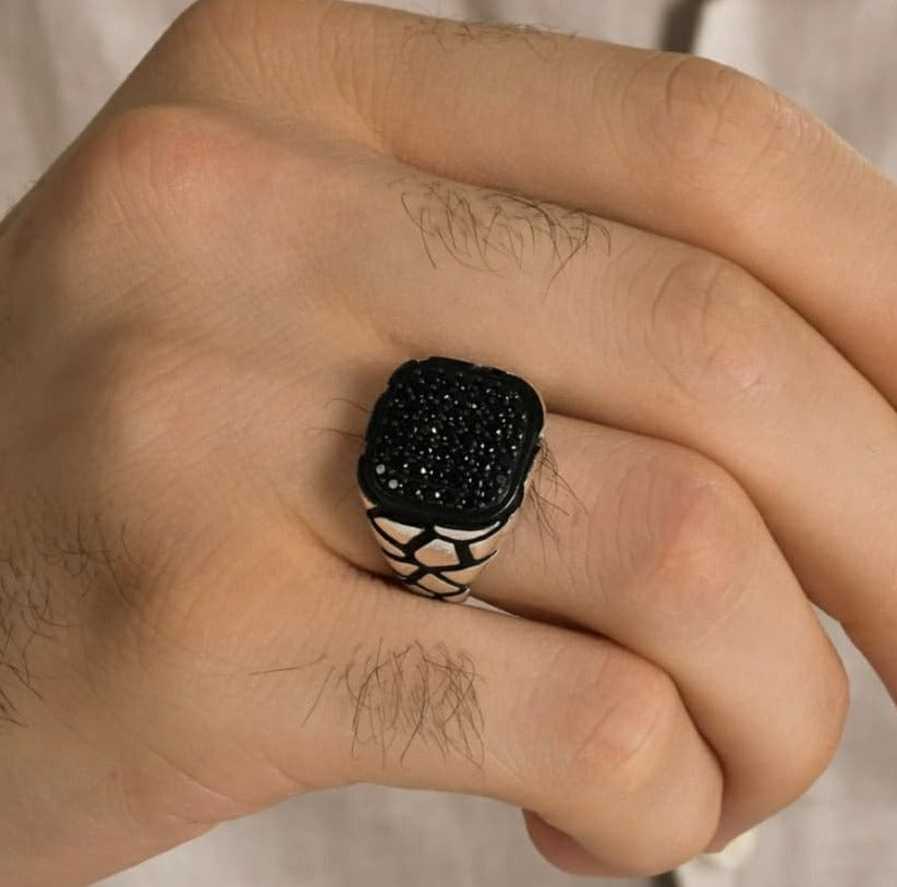 Gental Gems by Karat Kings | Exclusive Classic Signet Statement Ring Studded with Black Zircons, Sterling Silver  Ring | Jewellery for Men| With Certificate of Authenticity and  Hallmark