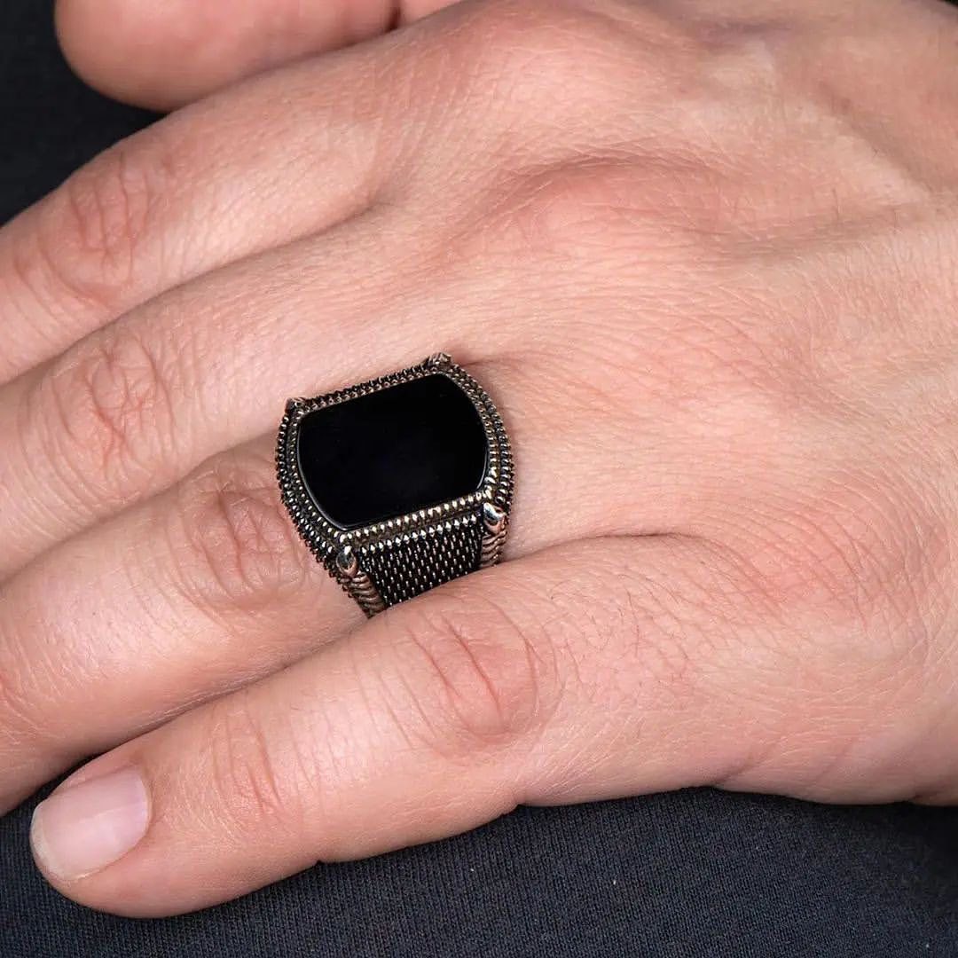 Gental Gems by Karat Kings | Unique Turkish Style Ring with Natural Black Onyx |  Sterling Silver Oxidized Ring