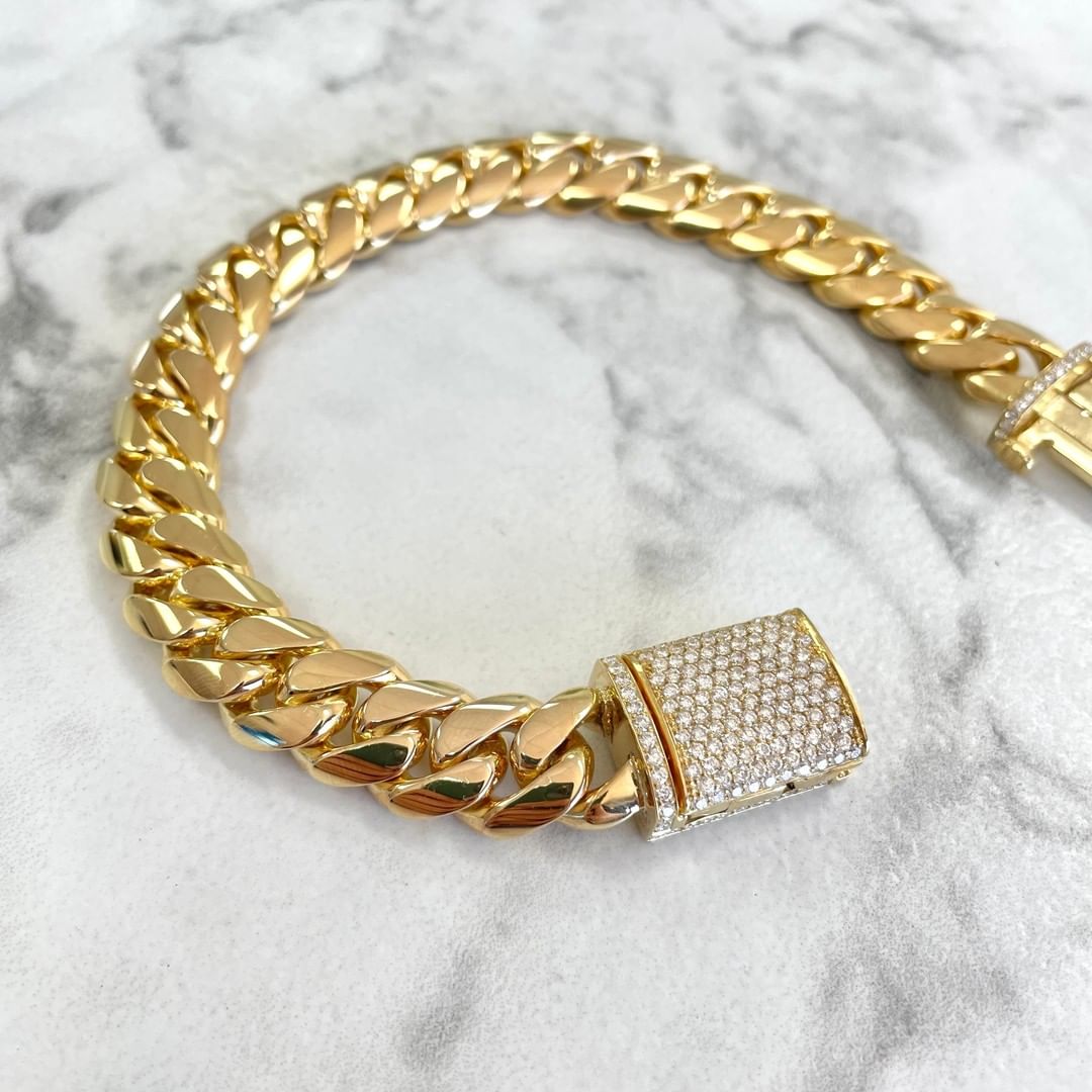 Gental Gems by Karat Kings | Solid 14mm Miami Cuban Link Bracelet with Iced Lock |  Gold Micron Plated on  Sterling Silver Bracelet with AAA+ Quality Swarovski Diamonds