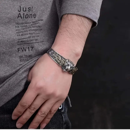 Gental Gems by Karat Kings | Unique  Silver Oxidized Tiger Cuff Bracelet with Blue Eyes | Bracelet for Men |  Sterling Silver Cuff