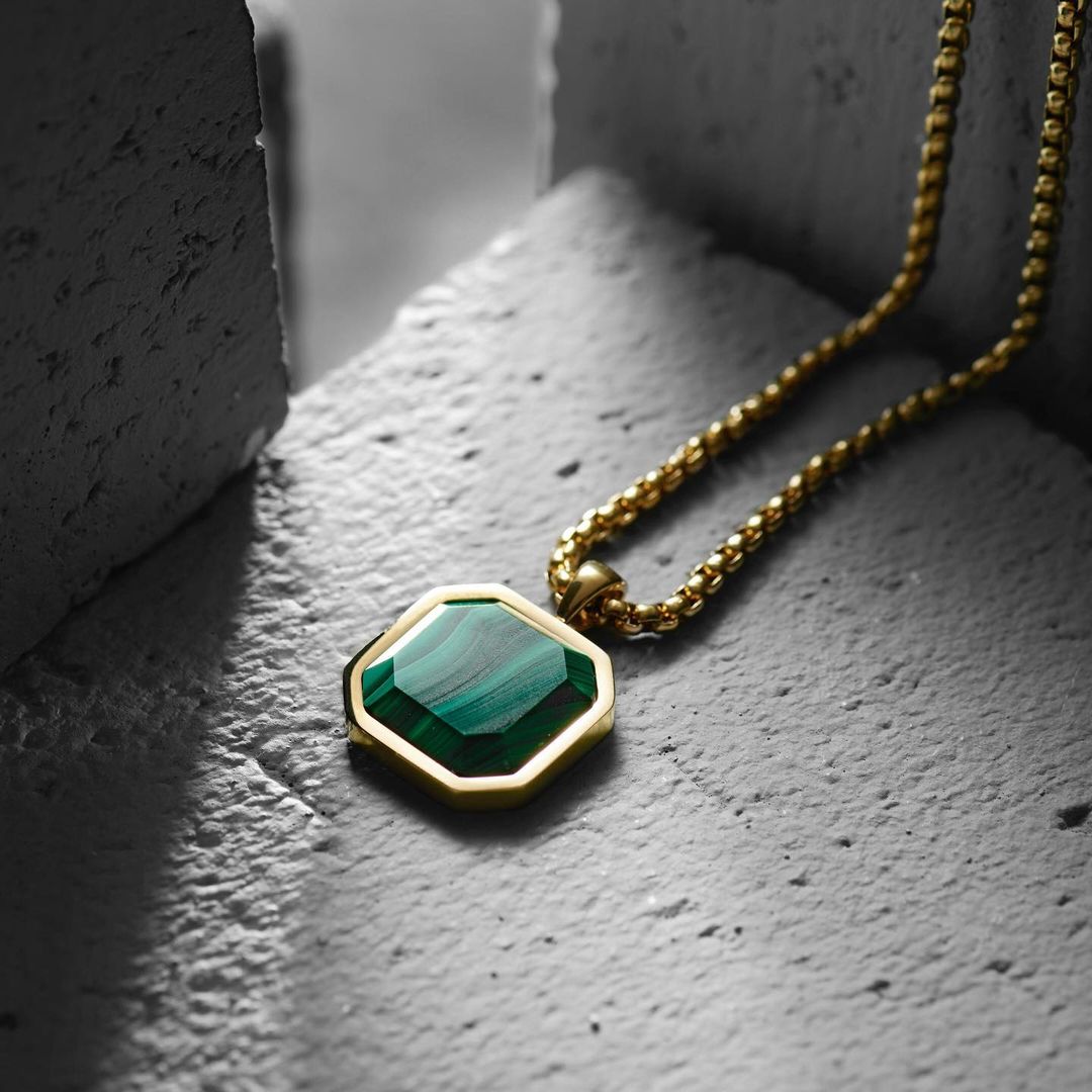 Gental Gems by Karat Kings | Unique Designed  Gold Micron Plated Silver Pendant in Natural Malachite for Men,  Sterling Silver Pendant