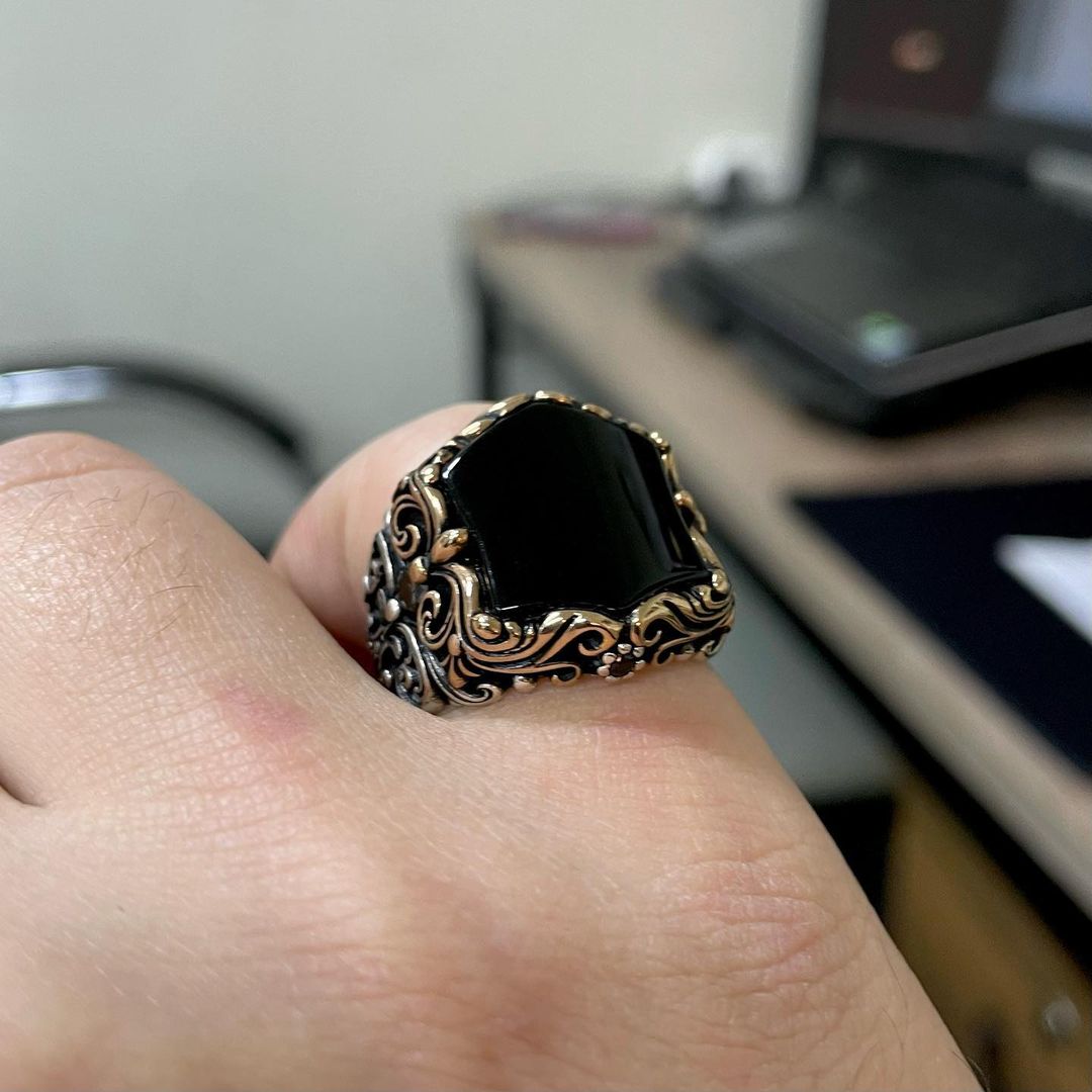 Gental Gems by Karat Kings | Unique Turkish Style Ring with Natural Black Onyx |  Sterling Silver Oxidized Ring | Men's Jewelry | With Certificate of Authenticity and  Hallmark