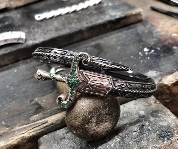 Gental Gems by Karat Kings | Exclusive Adjustable Silver Sword Handcuff Bracelet for Men & Boys |  Sterling Silver Bracelet