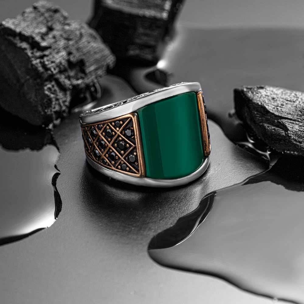 Gental Gems by Karat Kings | Unique Designed Turkish Style Curved Ring with Green Onyx  |  Sterling Silver Gold Plated Ring | Men's Jewelry | With Certificate of Authenticity and  Hallmark
