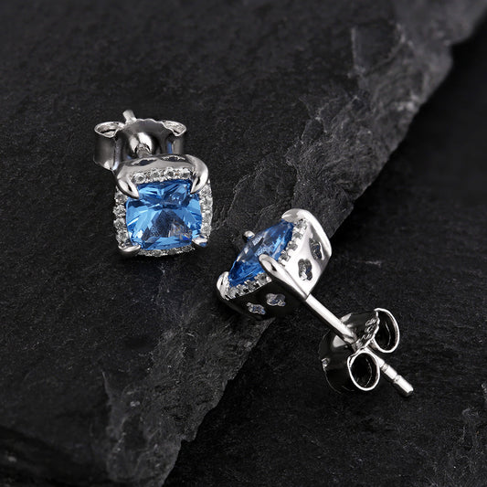 Gental Gems by Karat Kings | Princess Cut Blue Topaz & Diamond Stud Earrings for Men | AAA+ Quality Swarovski Diamond & White Rhodium  Sterling Silver Earrings | Jewellery for Men| With Certificate of Authenticity and  Hallmark