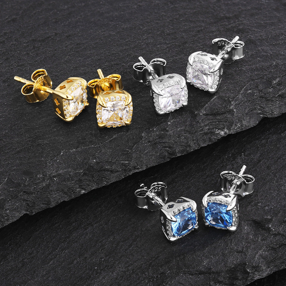 Gental Gems by Karat Kings | Princess Cut Diamond Stud Earrings for Men | AAA+ Quality Swarovski Diamond & White Rhodium &  Gold Plated  Sterling Silver Earrings | Jewellery for Men