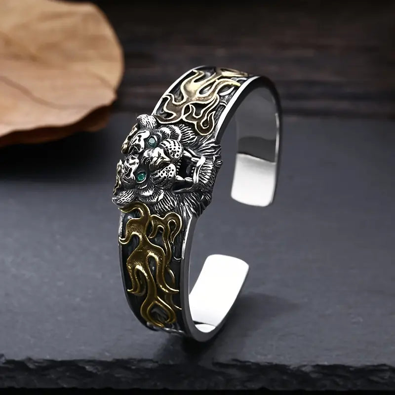 Gental Gems by Karat Kings | Unique  Silver Oxidized Tiger Cuff Bracelet with Blue Eyes | Bracelet for Men |  Sterling Silver Cuff