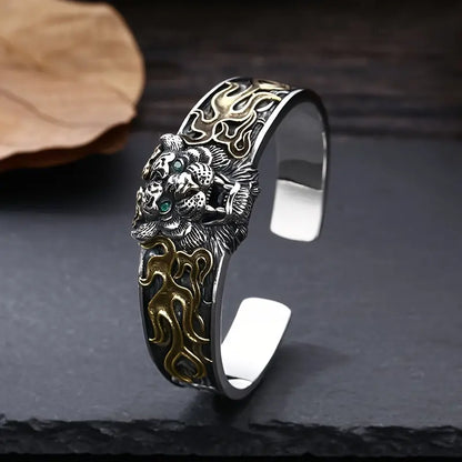 Gental Gems by Karat Kings | Unique  Silver Oxidized Tiger Cuff Bracelet with Blue Eyes | Bracelet for Men |  Sterling Silver Cuff