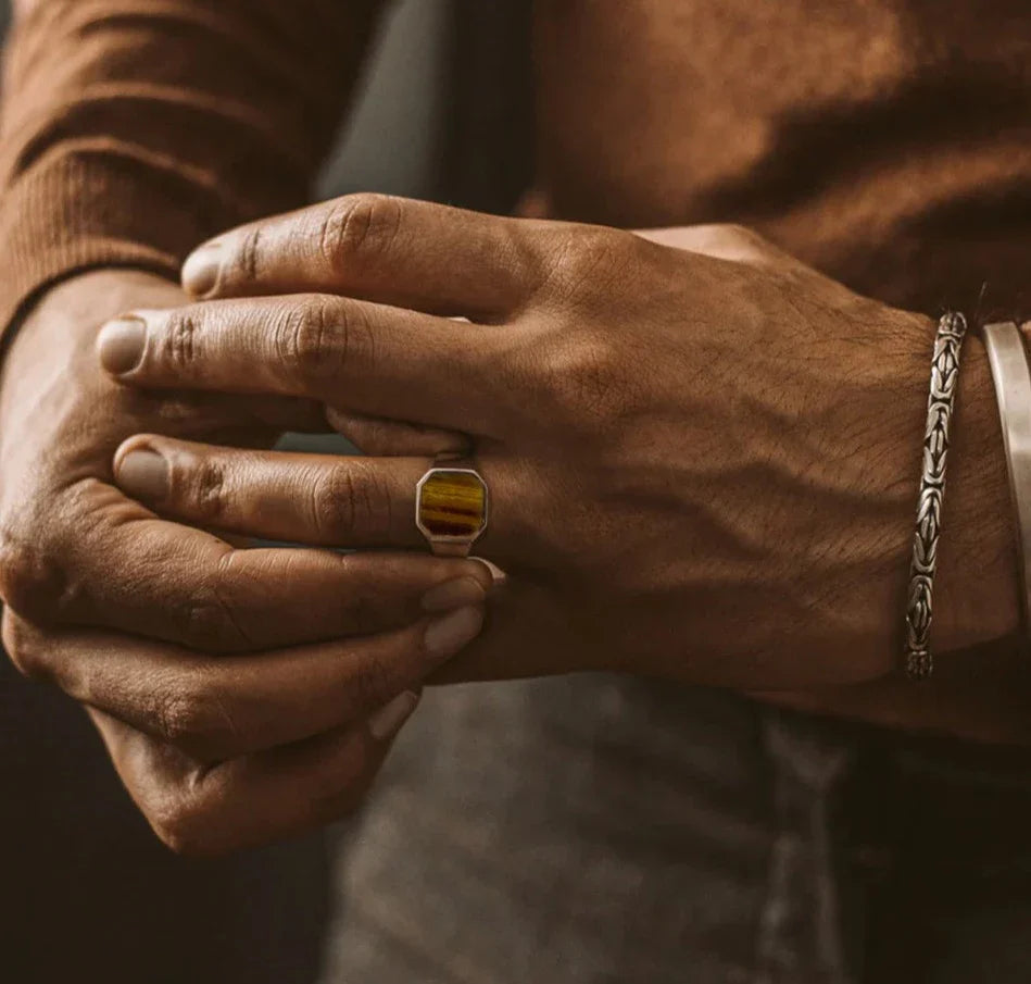 Gental Gems by Karat Kings | Classic Signet Ring with Natural Tiger Eye |  Sterling Silver Ring