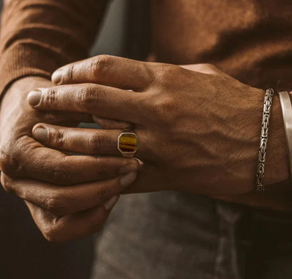 Gental Gems by Karat Kings | Classic Signet Ring with Natural Tiger Eye |  Sterling Silver Ring