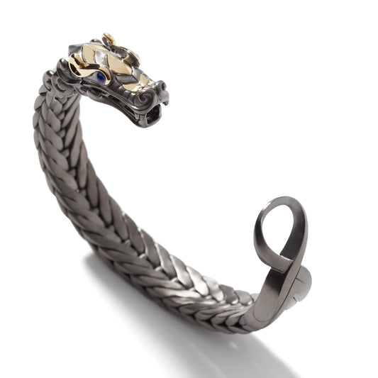 Gental Gems by Karat Kings |  Naga Oxidized Dragon Bracelet with Blue Eyes in Gun Metal Finish |  Sterling Silver Oxidized Bracelet | Unisex Jewelry | With Certificate of Authenticity and  Hallmark
