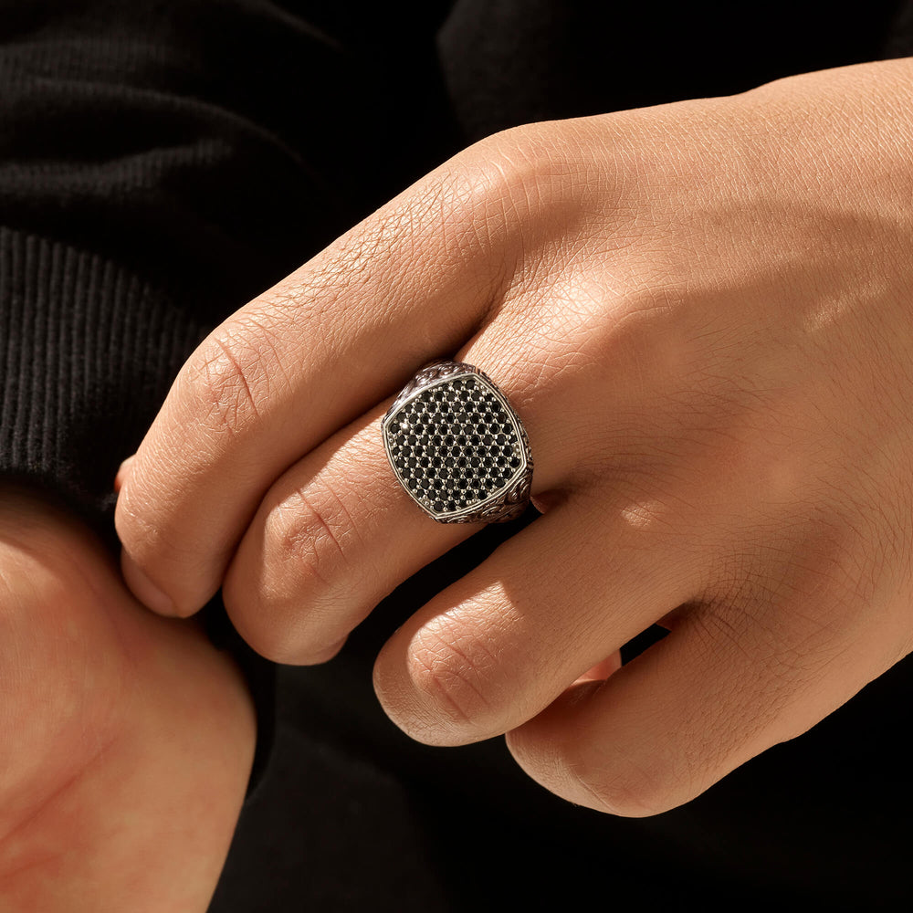 Gental Gems by Karat Kings | Exclusive Classic Cushion Pave Ring Studded with Black Zircons, Sterling Silver  Ring | Jewellery for Men