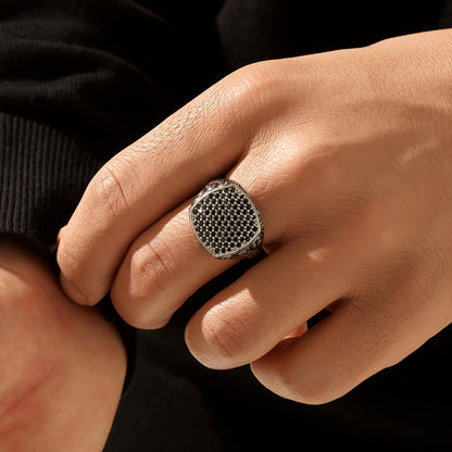 Gental Gems by Karat Kings | Exclusive Classic Cushion Pave Ring Studded with Black Zircons, Sterling Silver  Ring | Jewellery for Men