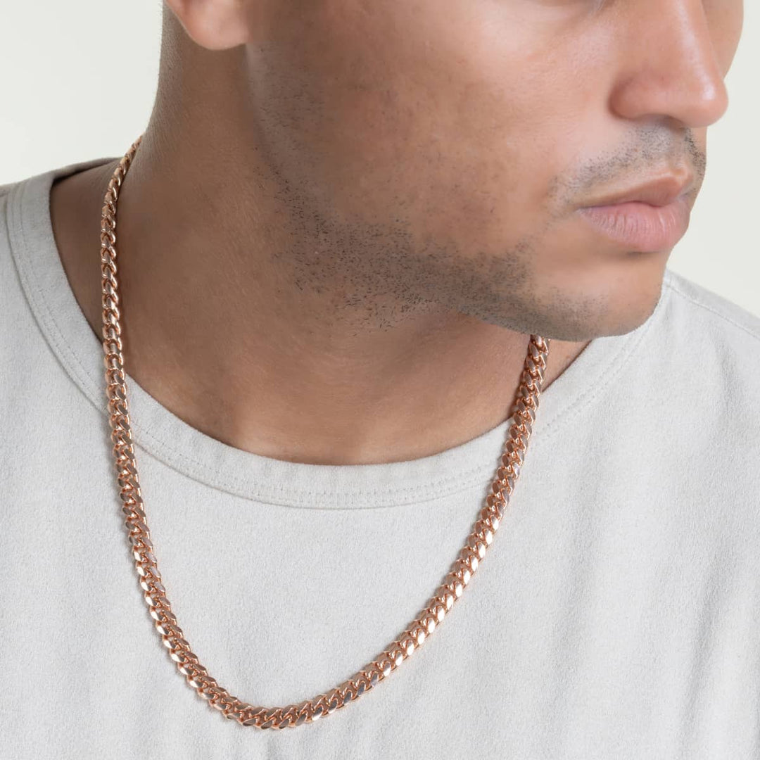 Gental Gems by Karat Kings | Solid 8mm Miami Cuban Link Chain with Plain Lock (22K Rose Gold Plated) |  Sterling Silver Chain