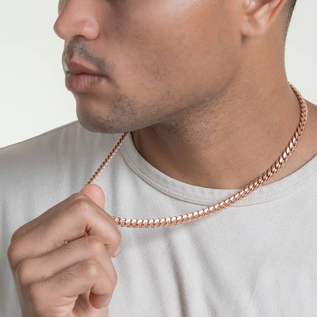 Gental Gems by Karat Kings | Solid 8mm Miami Cuban Link Chain with Plain Lock (22K Rose Gold Plated) |  Sterling Silver Chain