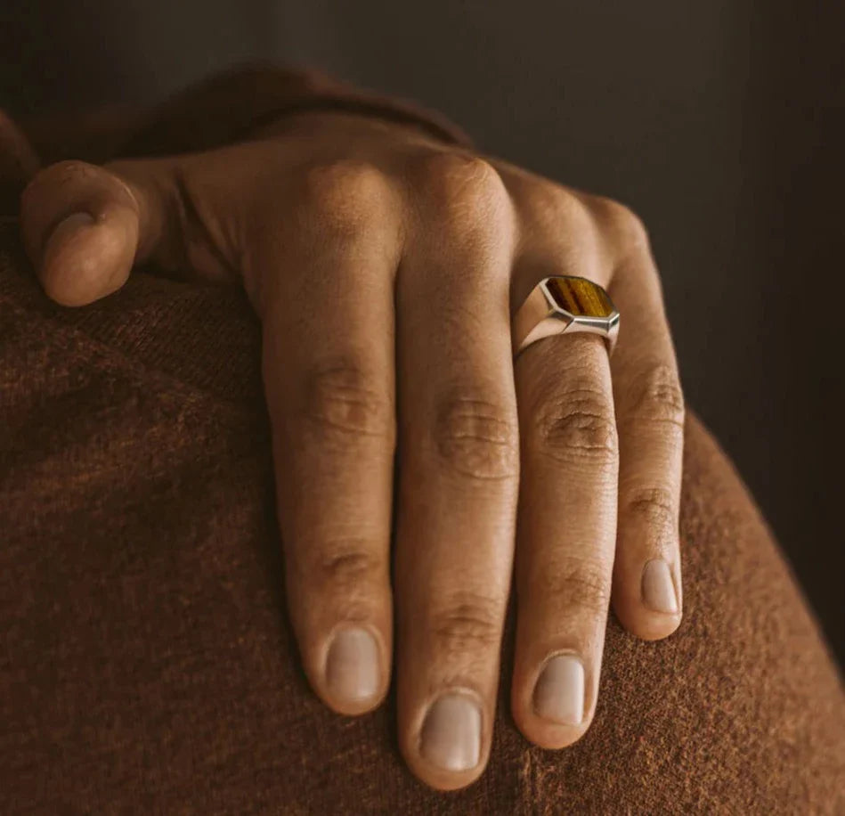 Gental Gems by Karat Kings | Classic Signet Ring with Natural Tiger Eye |  Sterling Silver Ring