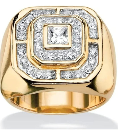 Gental Gems by Karat Kings | Exclusive Classic Gold Signet Statement Ring Studded with CZ white zircons |  Gold Plated Sterling Silver  Ring | Jewellery for Men| With Certificate of Authenticity and  Hallmark
