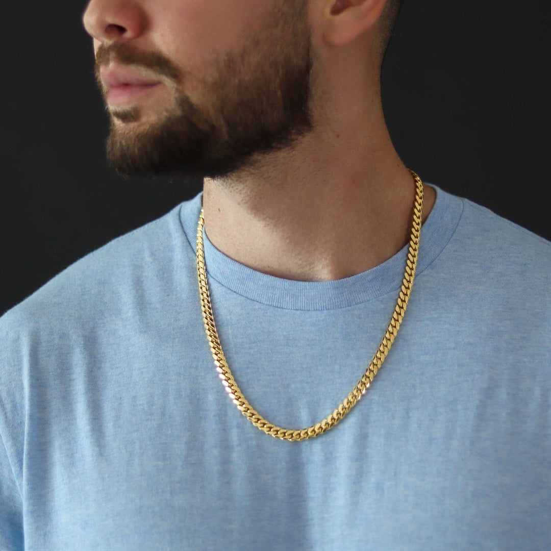 Gental Gems by Karat Kings | Solid 8mm Miami Cuban Link Chain with Plain Lock (22K Yellow Gold Plated) |  Sterling Silver Chain