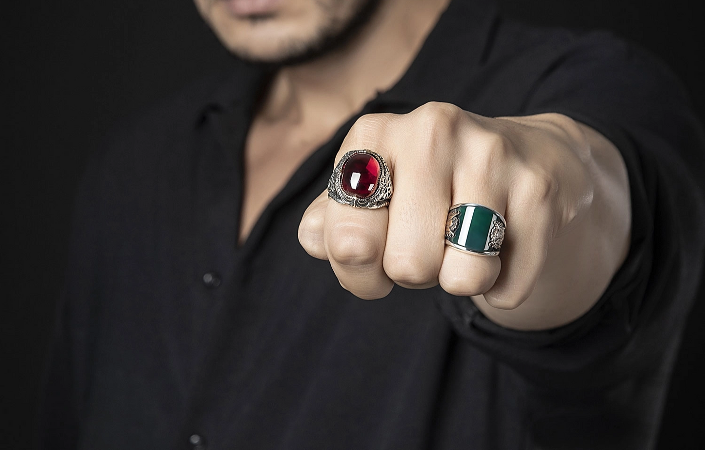 Gental Gems by Karat Kings | Unique Turkish Style Curved Ring with Green Onyx |  Sterling Silver Oxidized Ring