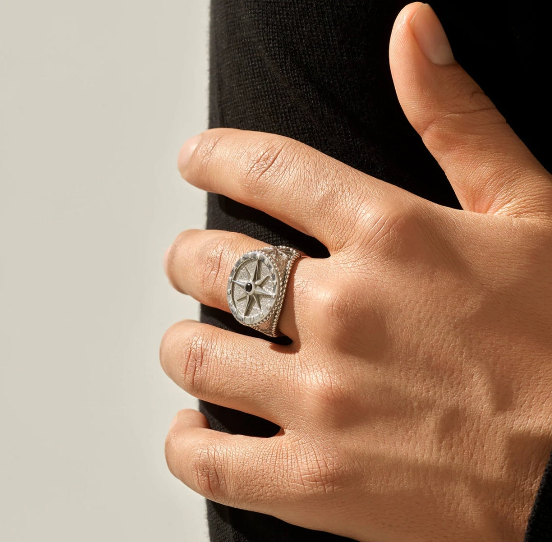 Gental Gems by Karat Kings | Exclusive Signet Style Compass Ring, Sterling Silver  Ring | Jewellery for Men| With Certificate of Authenticity and  Hallmark