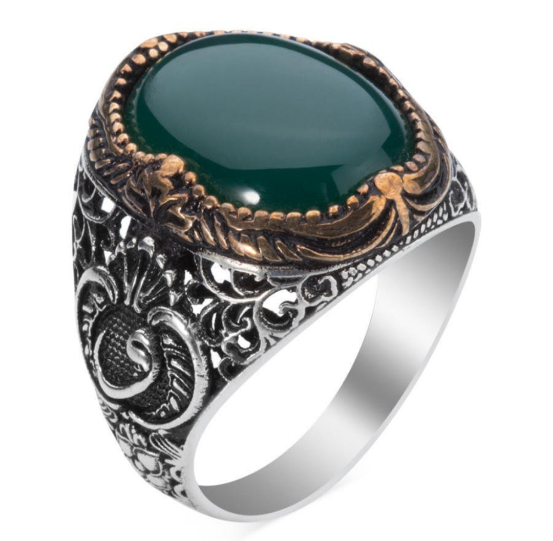Gental Gems by Karat Kings | Unique Turkish Style Ring with Natural Green Onyx  |  Sterling Silver Oxidized Ring | Men's Jewelry | With Certificate of Authenticity and  Hallmark