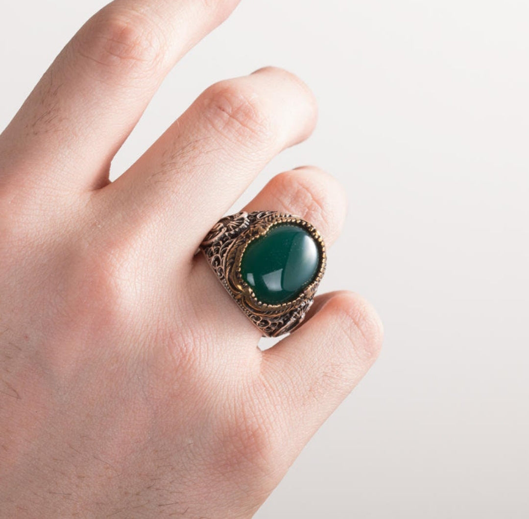 Gental Gems by Karat Kings | Unique Turkish Style Ring with Natural Green Onyx  |  Sterling Silver Oxidized Ring | Men's Jewelry | With Certificate of Authenticity and  Hallmark